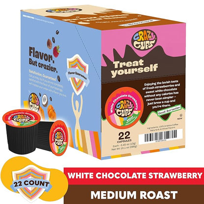 Crazy Cups Decaf Flavored Coffee Pods, Decaffeinated White Chocolate Straberry Flavored Coffee, Single Serve Hot or Iced Medium Roast Coffee for Keurig K Cups Machines, 22 Count