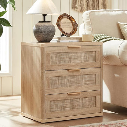 LEYAOYAO Rattan Night Stand with Drawers, 23" Large 3 Drawer Boho Nightstand, Natural Wood Bedside Table Storage Cabinet, Bed Side End Tables Dresser for Bedroom, Living Room, Hallway, Closet