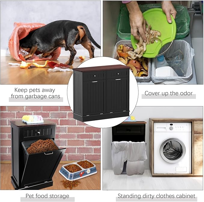 Betterhood Tilt Out Trash Cabinet 10 Gallon Wooden Free Standing Laundry Sorter Cabine,Recycling Cabine with Hideaway Drawer,Tilt Out Trash Cabinet Can Bin Kitchen