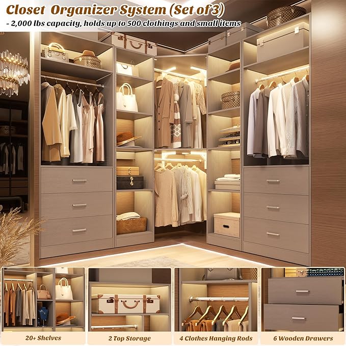 Corner Closet System with 6 Drawers, Closet Organizer System with 14 Shelves & 4 Hanging Rods, 87.2"L * 39.2"W / 63.2"L * 63.2"W Reversible L Shaped Walk-in Closets, Load 2500+LBS, Grey