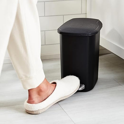 Amazon Basics Compact Plastic Bathroom Trash Can with Hands Free Foot Pedal, Quiet Close Step-On, 6 Liters, Black, Lid Included