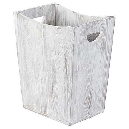 SEHERTIWY Wood Trash Can, Farmhouse Wastebasket Bin for Bathroom, Office, Bedroom, Living Room, Small Square Rustic Garbage Container (Wood-White)
