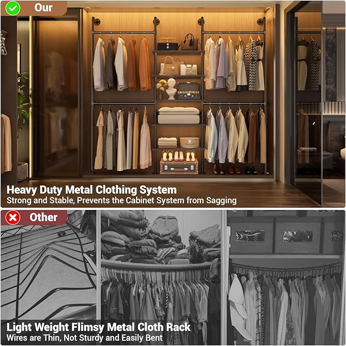 Aheaplus Industrial Pipe Clothing Rack, Reversible 6.42FT Clothes Rack for Hanging Clothes, Heavy Duty 5 Tier Wardrobe Closet Garment Racks with Shelves, Corner Closet Organizer System, Black Oak
