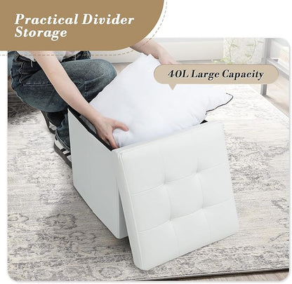 Athena Collection 15" Storage Ottoman Bench Folding Bench with 40L Hidden Storage, Small Cube Ottoman PU Leather Foot Rest Stool Chest with Flipping Lid for Living Room, Bedroom, Entryway, White