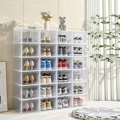 XXL Large Shoe Storage Box, 8 Pack Shoe Boxes Clear Plastic Stackable Fit US 15,Clear Shoe Organizer with Magnetic Door(8 PACK CLEAR)