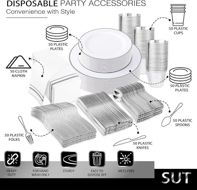 SUT 350 Piece Silver and White Plastic Dinnerware Set