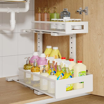 1 Pack-11.4"-16.14"H Under Sink Storage Organizer, Large 2-Tier Elegant Mesh Pull Out Shelf for Kitchen and Bathroom Cabinet Organization, L-Shaped and Adjustable Height Design for Maximum Space-White