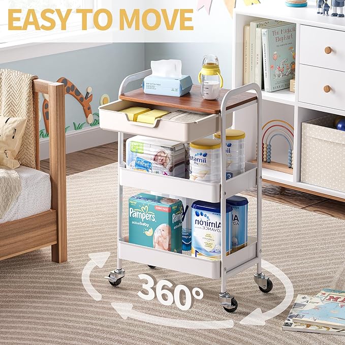 TOOLF 3-Tier Metal Utility Rolling Cart with Drawer & Wooden Table Top, Storage Cart White Trolley Kitchen Organizer Rolling Desk with Locking Wheels for Office, Classroom, Dorm, Bedroom