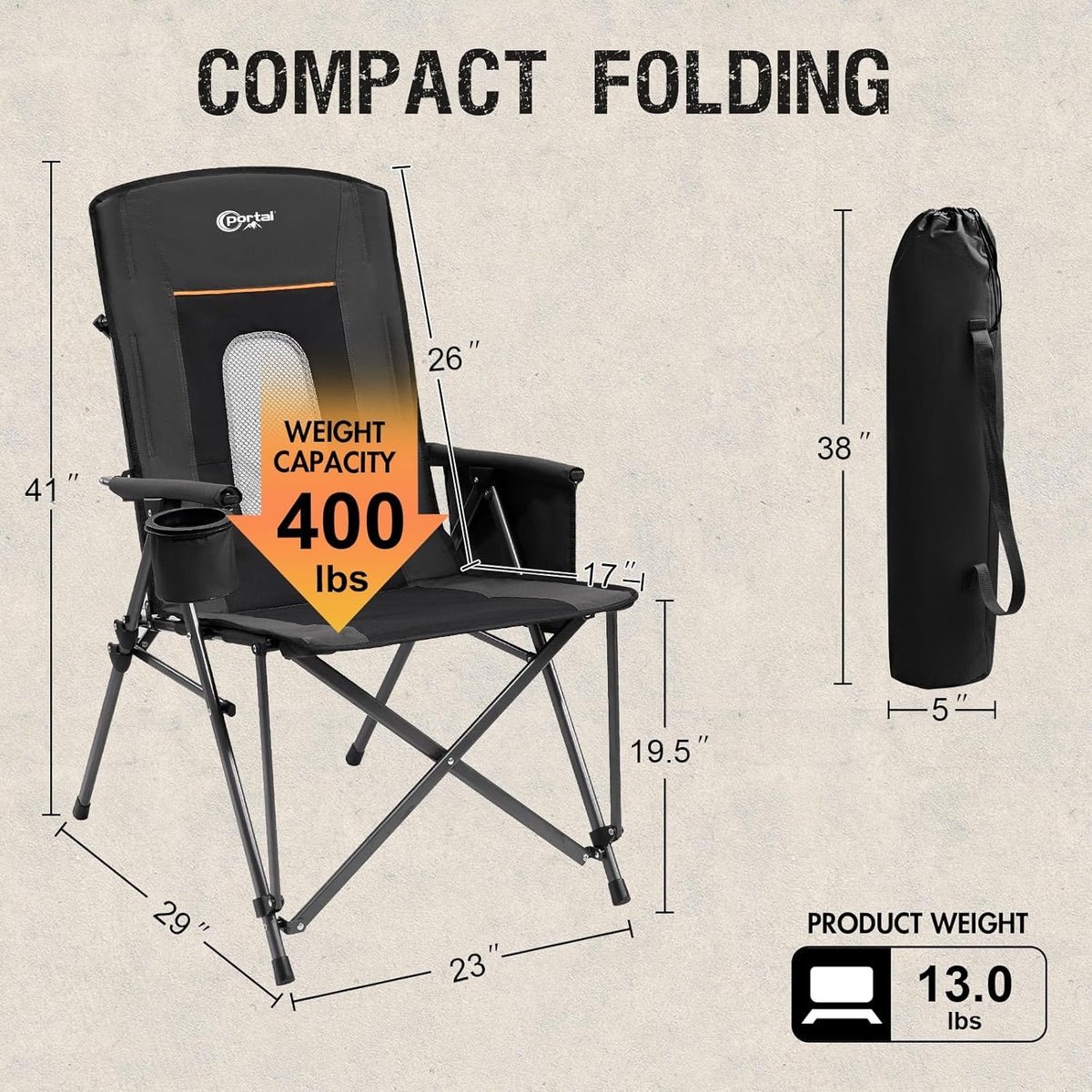 PORTAL Oversized Folding Camping Chair High Back Portable Lawn Chairs for Adults Outdoor Sports with Hard Armrest Cup Holder，Supports 400LBS Black