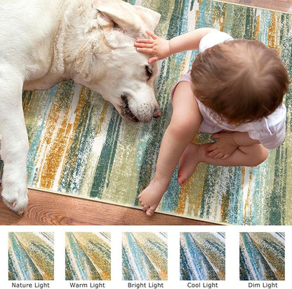 Modern Abstract Entryway Rug Indoor 2x3 Washable Rug Non-Slip Soft Small Area Rug Green Mustard Multi Kitchen Mats Thin Print Faux Wool Floor Carpet Throw Rugs for Entrance Bedroom Home Decor