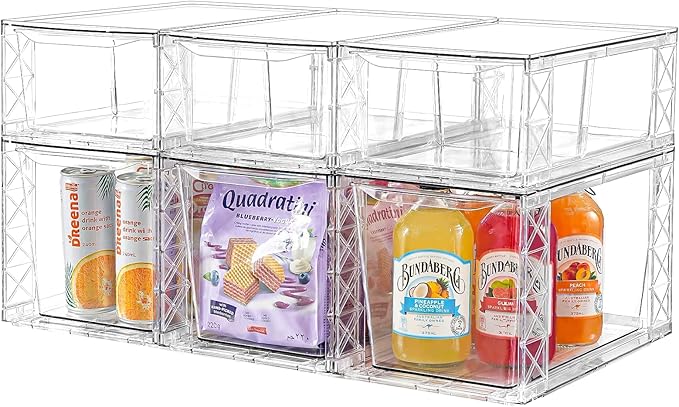 6Pack Pantry Organizers and Storage,Clear Stackable Kitchen Storage Organizer,Foods Organizer Bins with Handles, Easily Assemble for Bathroom, Kitchen, Refrigerator, Pantry, Cabinet, Closet