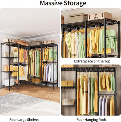L Shaped Heavy Duty Metal Clothes Rack for Hanging Clothes,Freestanding Garment Rack Closet Wardrobe Rack Clothing Rack with 4 Hanging Rods & 1 Side Hook,50"Lx 50"Wx 76.4"H,Max Load 1100LBS