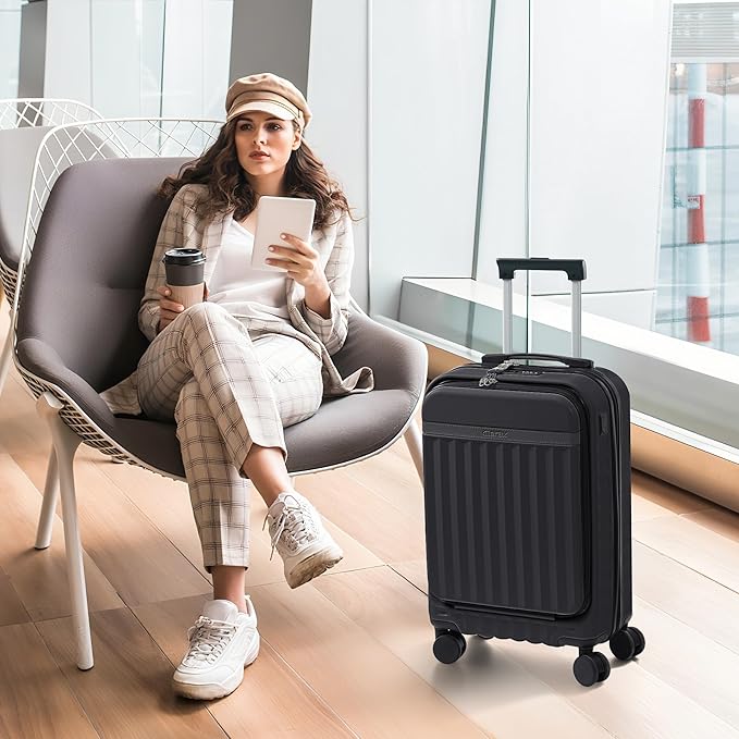 Merax Luggage Sets Front Opening, 2 Piece Hardshell Suitcase with Spinner Wheels and Bags,Lightweight Carry on Luggage with USB Port,20+24,Black