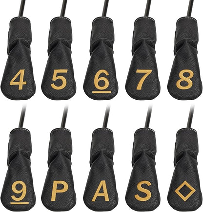 10pcs /Set Black Hybrid Iron Head Covers Protector with Large Gold No.