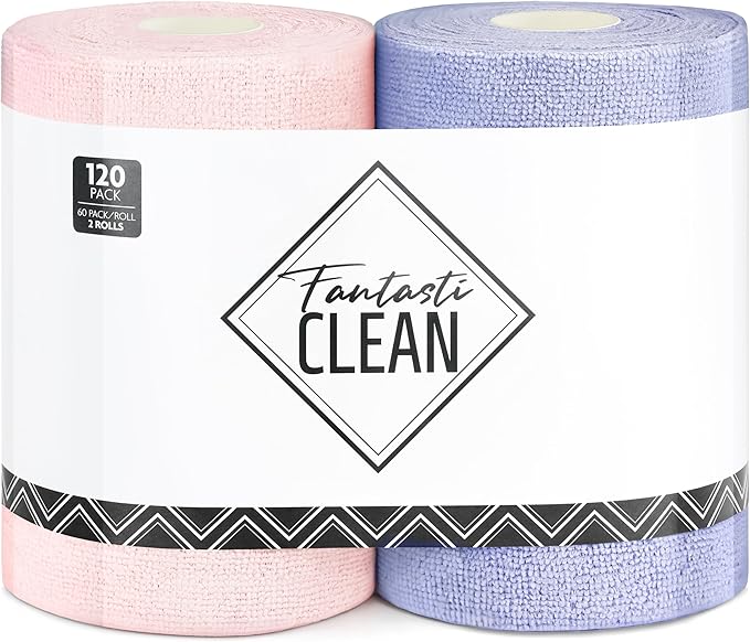 Fantasticlean Microfiber Cleaning Cloth Roll 2 Rolls 120 Pack, Tear Away Paperless Towels, 8" x 8", Reusable Washable Rags, Home Kitchen, Pet, Office, Indoor Outdoor, Portable (Pink and Light-Purple)