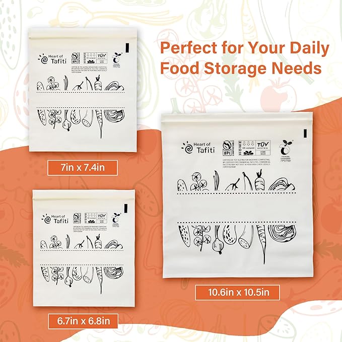 Compostable Food Storage Bags 110 Count, Extra Thick and Reusable, Eco-Friendly, Certified US BPI ASTM D6400 Europe OK Compost, Variety Pack for 50 Sandwich, 30 Quart, 30 Gallon