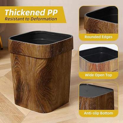 Wood Grain Plastic Trash Can Bedroom, Square 2-Pack, 3.7 Gal Farmhouse Wastebasket Bin Retro Style, Brown Trash Can for Room Aesthetic, Open Top Garbage Can for Office, Living Room, Hotel, Bathroom