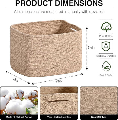 Woven Cotton Rope Storage Basket for Organizing, Cute Decorative Baskets for Gifts Empty, Organizer Bins for Dog Toy, Baby Laundry, 17“×13”×9.5“, Brown