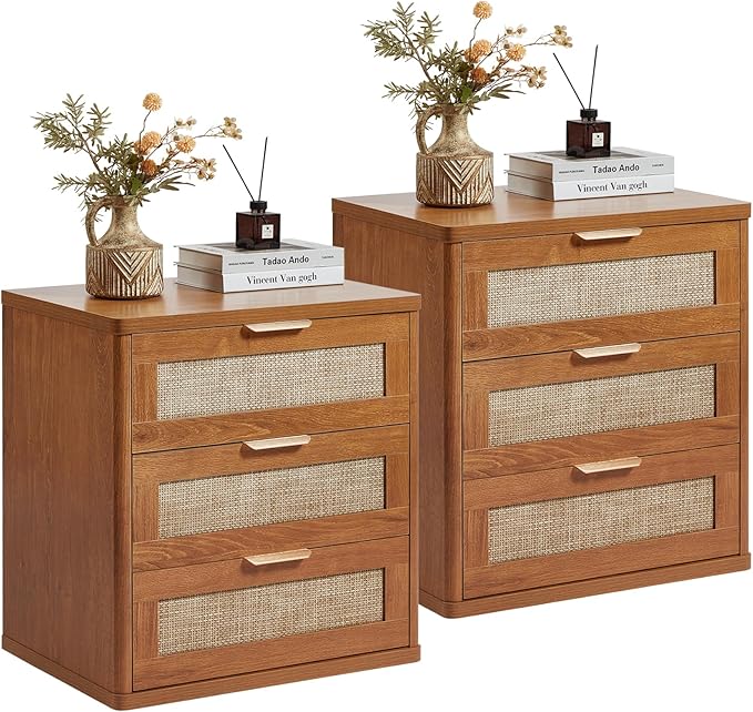 LEYAOYAO Rattan Night Stand Set of 2 with Drawers, 23" Large 3 Drawer Boho Nightstand, Natural Wood Bedside Table Storage Cabinet, Bed Side End Tables Dresser for Bedroom, Living Room, Hallway, Closet