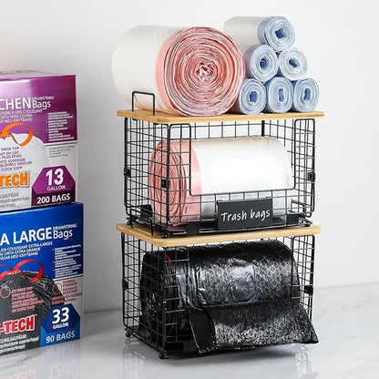 Upgrade Larger, Fit 13/30/33+ Gallon Trashbag Perfectly - 1 SET Stackable Trash Bag Holder with Tags & Bamboo Top, Garbage Bag Dispenser Stand, Kitchen Pantry Under Sink Laundry Room Organizer Basket