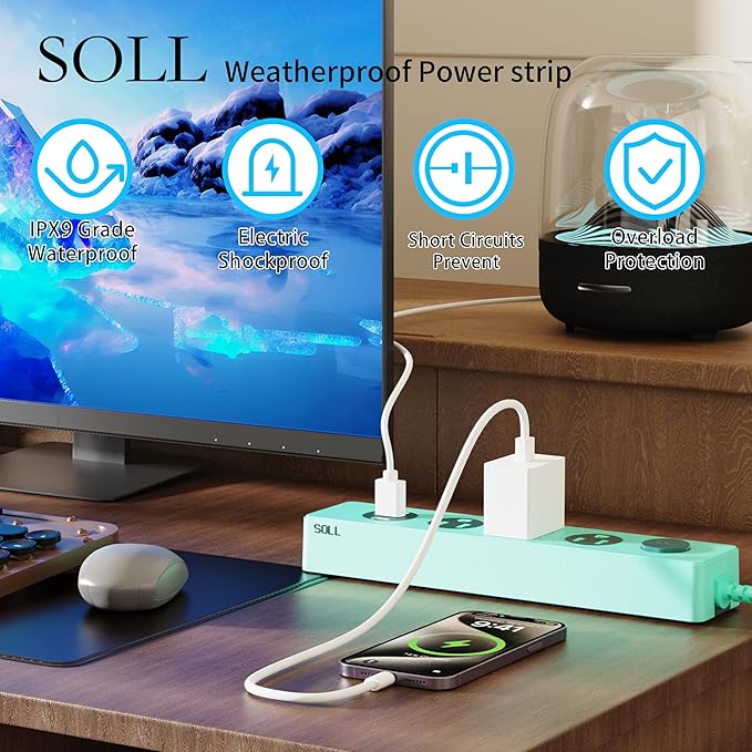 SOLL IPX9 Outdoor Power Strip Weatherproof, Surge Protector Power Strip with 3 Outlet and 3 USB Charging Ports(2 USB C), 5.18FT Extension Cord for Patio, Garden, Bathroom, Kitchen, Garage, Office
