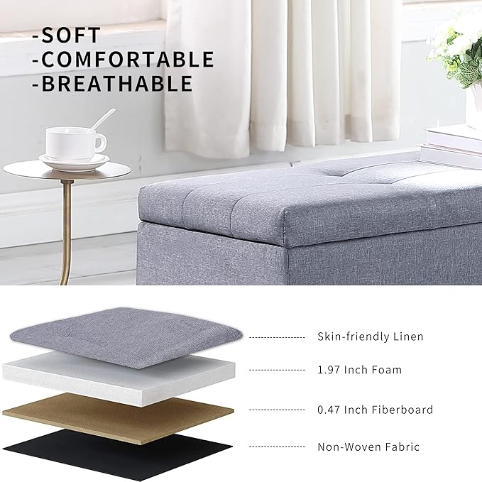 Hinged Storage Ottoman Set of 3, 38'' Living Room Storage Bench with Thick Seating, 2pcs Small Square Dorm Stool Couch Side Foot Rest
