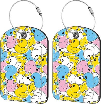 2 Pack Cute Luggage Tag for Suitcases Rubber Duck Leather Luggage Tags with Stainless Steel Loop Privacy Flap Name Tags,Men and Women Travel Bag Suitcase Tags