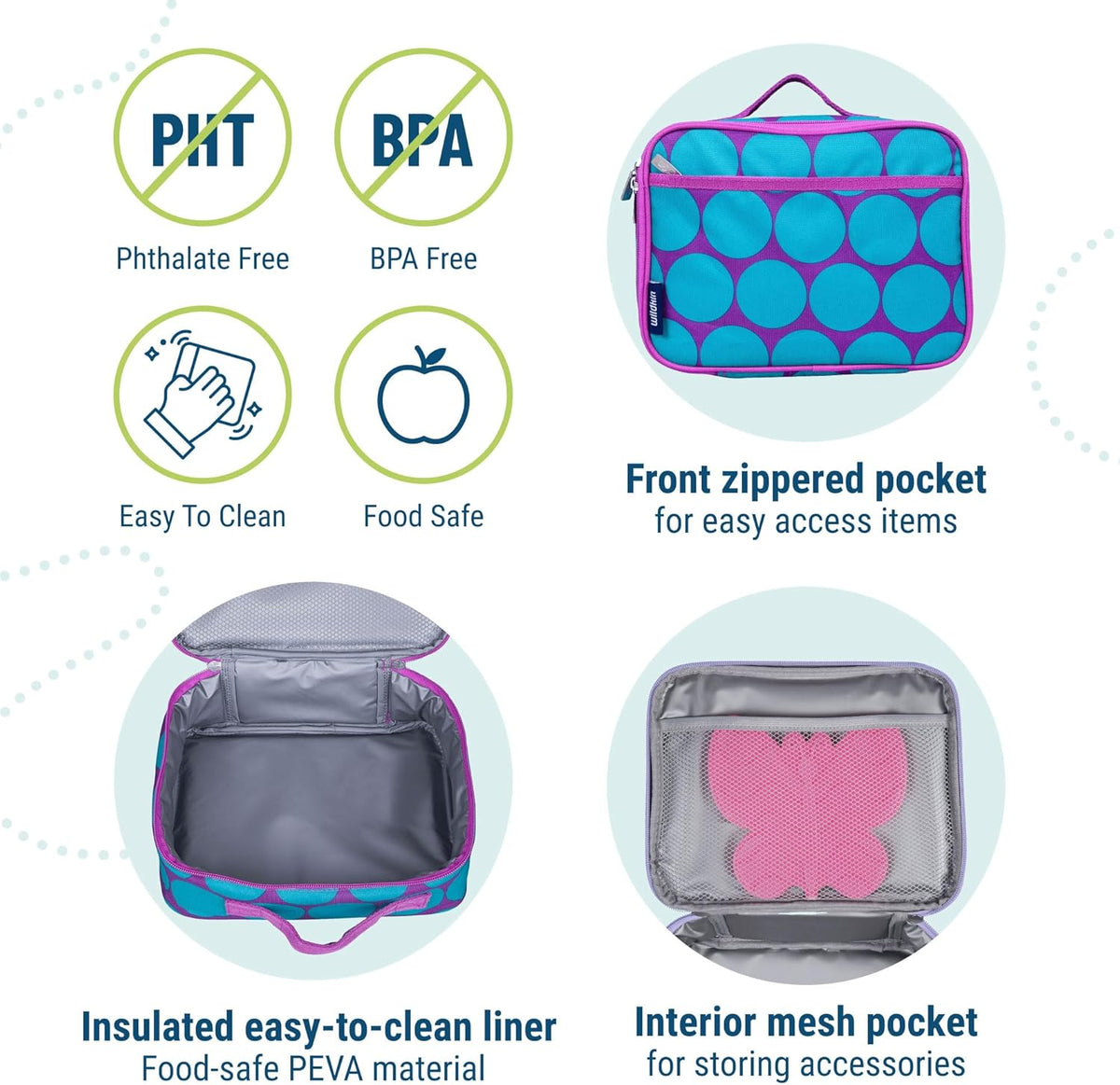 Wildkin Kids Insulated Lunch Box – Durable and Reusable for School & Travel - Big Dot Aqua