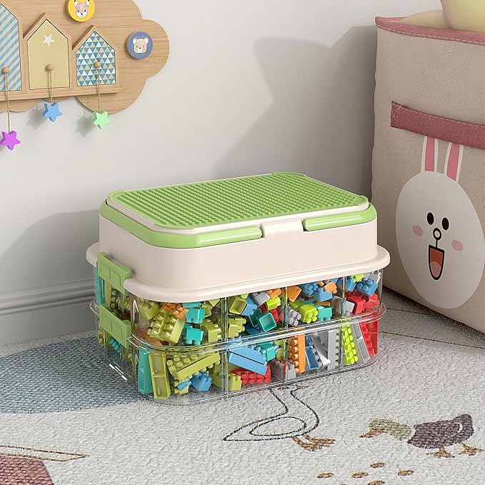 Toy Storage Organizer Box with Handle, Stackable Building Block Toy Box with Building Plate Lid & Removable Sorting Trays, Cubby Bins and Containers 2 Layer (Green)