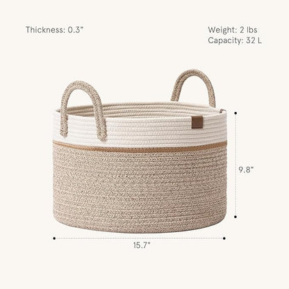 LA JOLIE MUSE Woven Basket Rope Storage Baskets - Tall Cotton Basket, Laundry Basket for Blanket, Kids Toy, Nursery Clothes Hamper Basket-S