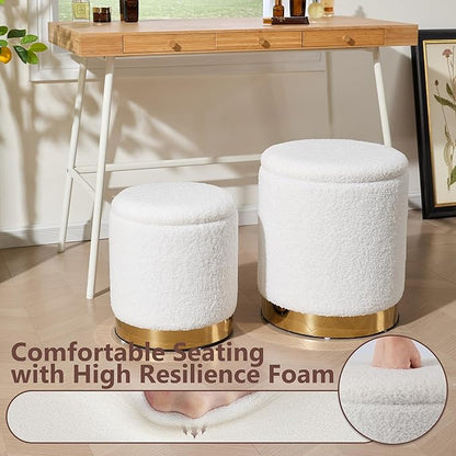 Royal Windsor Boucle Round Ottoman with Storage Set of 2, Vanity Stool with Storage for Bedroom, Ottoman Coffee Table Gold-Tone Ring Around The Base, Small Foot Stool for Living Room, White