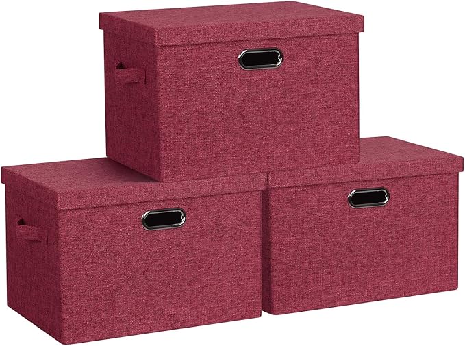 Large 17" 36 Quart Collapsible Stackable Storage Bins with Lids, 3 Packs Bright Red Linen Fabric Closet Boxes with Lids, Storage Cube Baskets Container Organizers for Office (17x12x11)