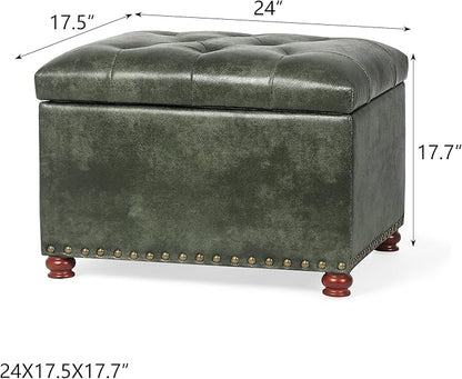 24'' Leather Ottoman with Storage Rectangle Foot Rest Ottomans Stool for Living Room(Green,Leather Texture)