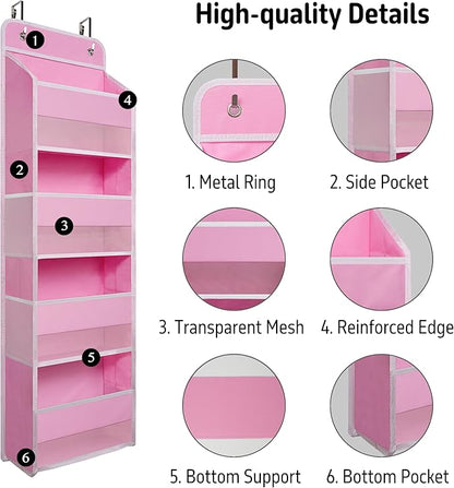Over The Door Hanging Organizer with 4 Large Pockets – Closet, Bathroom, Nursery, Bedroom, Dorm Storage for Toys, Cosmetics, and Baby Essentials, Pink