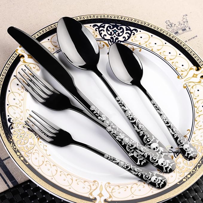 Skull Black Silverware Set for 8, 40-Piece Pirate Rose Flatware Set, Gothic