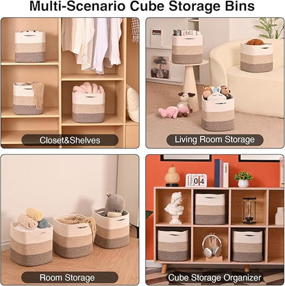 11 Inch Cube Storage Bins, Storage Cube Organizer Bins, Woven Cotton Rope Baskets for Storage, Storage Basket for Organizing Shelves, Square Baskets for Toys, Gradient Brown (Pack of 3)