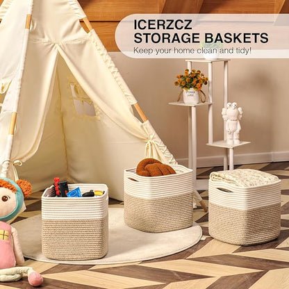 11 Inch Cube Storage Bins, Organizer Woven Cotton Rope Square Baskets for Organizing Shelves, Toys, Nursery, Off White & Brown (Pack of 3)