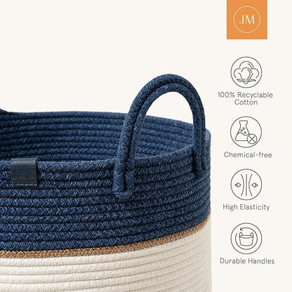 LA JOLIE MUSE Woven Basket Rope Storage Baskets - Large Cotton Organizer, Basket for Baby Blanket, Kids Toy Nursery Laundry Basket Navy Blue M