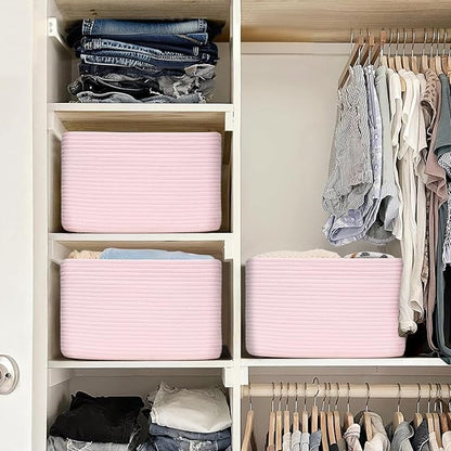3-Pack Shelf Baskets for Organizing, Woven Storage Basket for Shelves, Cotton Rope Storage Bins for Toys Books, Nursery Towel Baskets for Classroom, 14.96"X9.8"X8.85", Pink