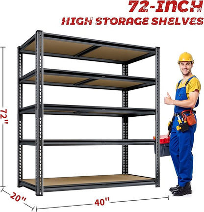 72" H Storage Shelves Heavy Duty, 2200LBS Garage Shelving, 5 Tier Metal Shelving Unit Adjustable Garage Shelves Utility Rack Shelf for Storage Warehouse Pantry Closet,40" W × 20" D × 72" H, Black