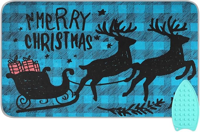 Ironing Mat Portable Ironing Pad Ironing Blanket for Table Top Heat Resistance Double-Side Using Travel Large 47.2 x 27.6 Inch Foldable Lightweight Christmas Check Elk Blue