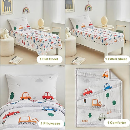 DuShow 4 Pieces Cars Toddler Bedding Set for Boys,Soft Toddler Bed Set in a Bag,Toddler Bed Comforter Set Includes Quilted Comforter, Flat Sheet, Fitted Sheet and Pillowcase