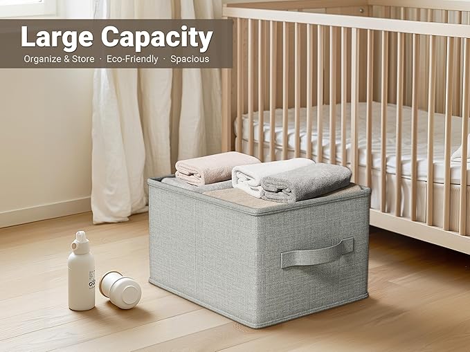 3 Pack Fabric Storage Bins for Shelves | 16.25x12x10in Closet Storage Baskets | Collapsible Storage Bins |Fabric Closet Organizers with Handles | Light Gray