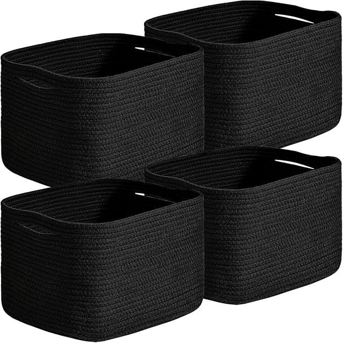 Small Storage Baskets for Organizing Shelves, Cotton Rope Basket for Storage, Cute Rectangular Book Toy Bins, 12.7"×9.1"×7.9", 4 Packs, Black