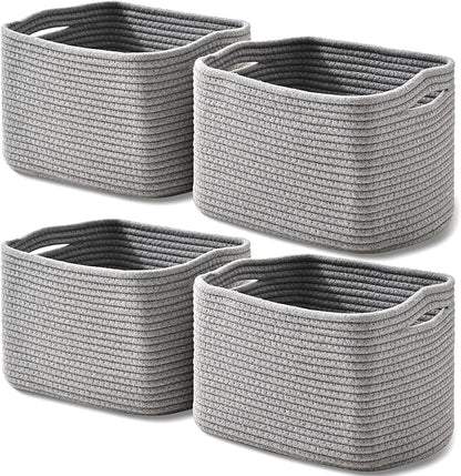 Small Storage Baskets for Shelves Organizing, Woven Cotton Rope Baskets for Storage, Book Basket, Decorative Shelf Basket, 12.5"Lx9.1''Wx7.9''H (4 Packs) Grey
