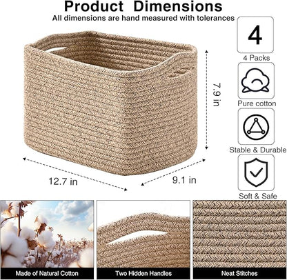 Small Storage Baskets for Organizing, Woven Storage Baskets for Shelves, Cotton Rope Basket for Storage, Cute Rectangular Book Toy Basket, 12.7"×9.1"×7.9", 4 Packs, Brown