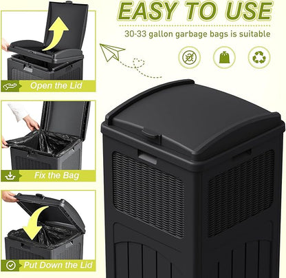 Greesum 33 Gallon Outdoor Trash Can with Lid, Waterproof Resin Garbage Bin for Hideaway, Deck, Patio, Dark Black