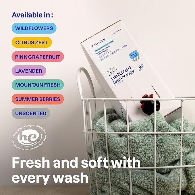ATTITUDE Liquid Laundry Detergent Refill, EWG Verified, HE Compatible, Plant-Based & Vegan, Natural Laundry Soap, Unscented, 160 Loads, 135.26 Fl Oz