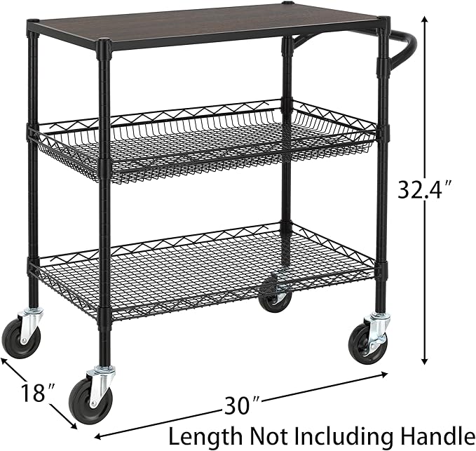 Finnhomy 3 Tier Heavy Duty Commercial Grade Utility Cart with Wood Top, Wire Rolling Cart with Wheels and Handle Bar, Kitchen Carts on Wheels, Metal Cart with 600 LBS Capacity, Black