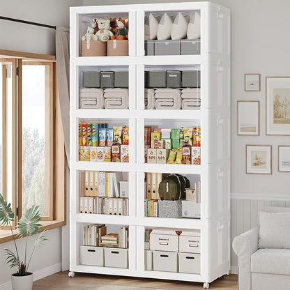 1000Qt Stackable Storage Bins with Lid and Wheel, 250Gal Plastic Closet Organizer and Storage Drawer, Large Collapsible Storages Box Cabinet with Clear Door for Home Kitchen, 5Pack White